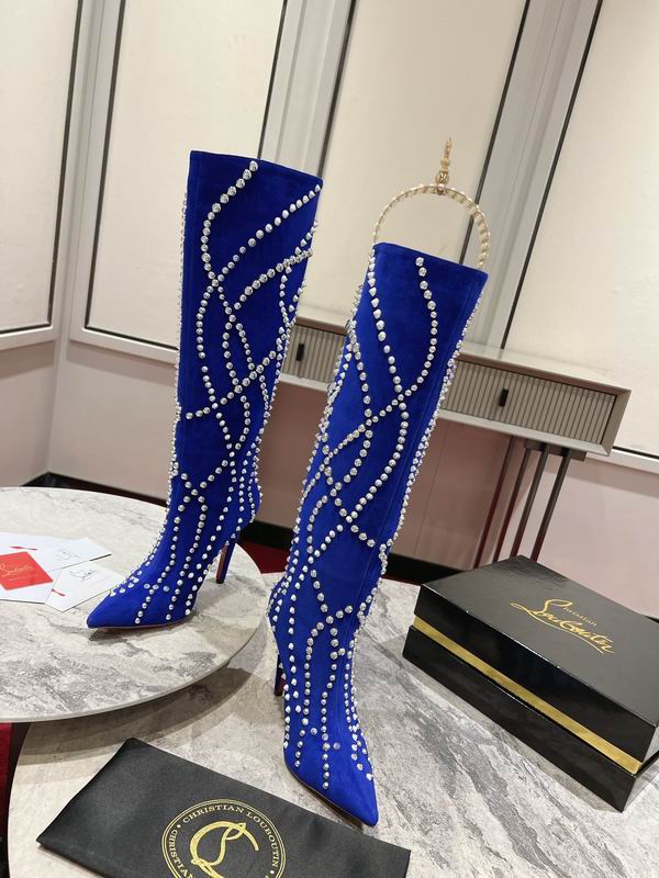 Botas de tacón de aguja de ante azul para mujer con adornos de cristal