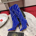 Botas de tacón de aguja de ante azul para mujer con adornos de cristal