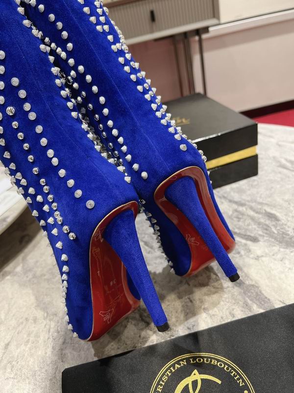 Botas de tacón de aguja de ante azul para mujer con adornos de cristal