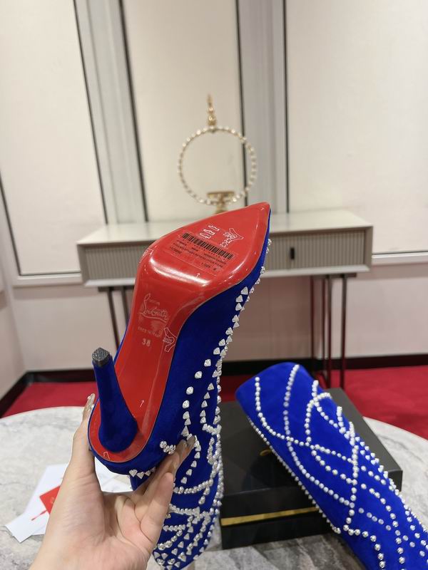 Botas de tacón de aguja de ante azul para mujer con adornos de cristal