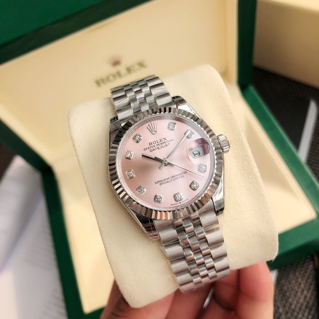 Reloj automático de lujo con esfera rosa