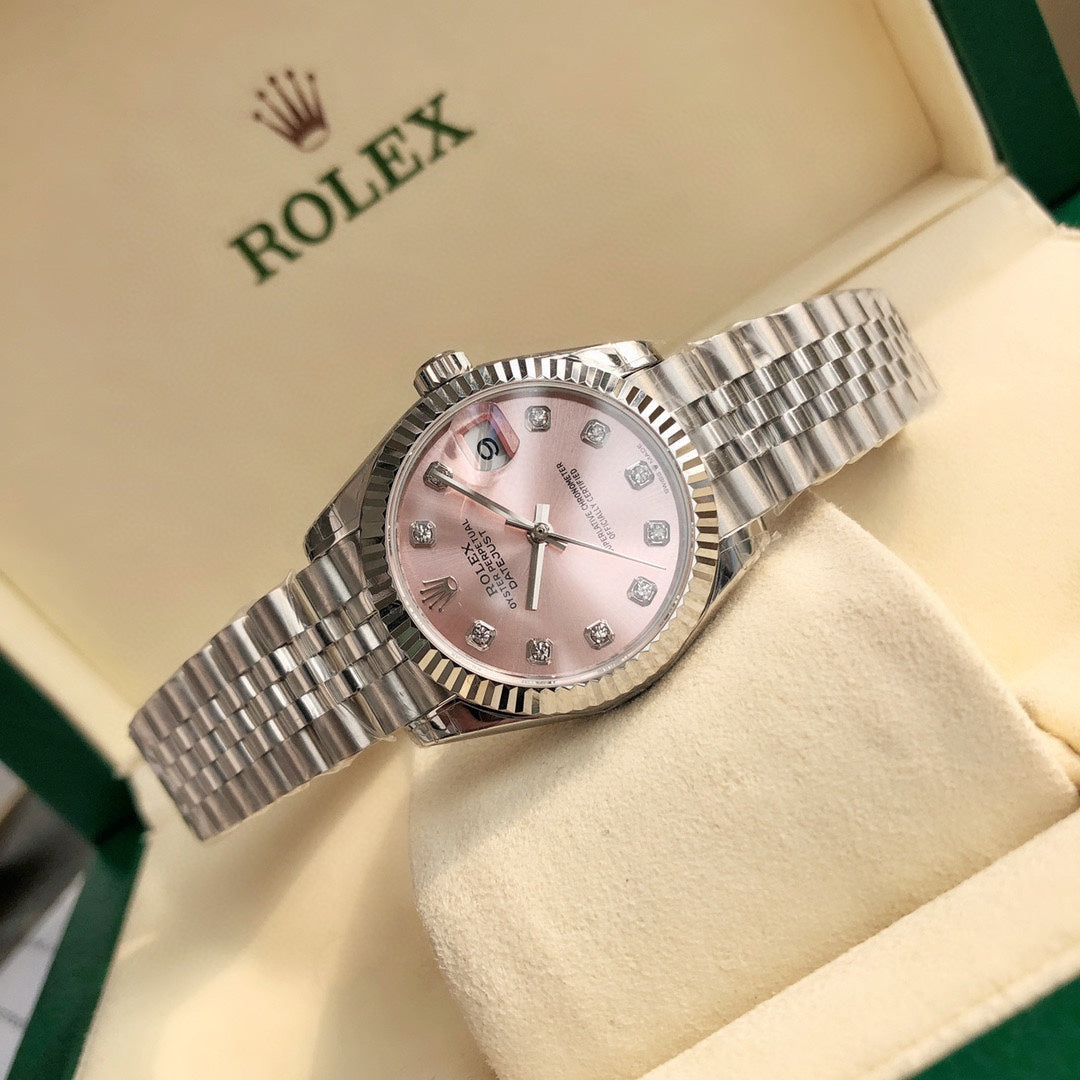 Reloj automático de lujo con esfera rosa