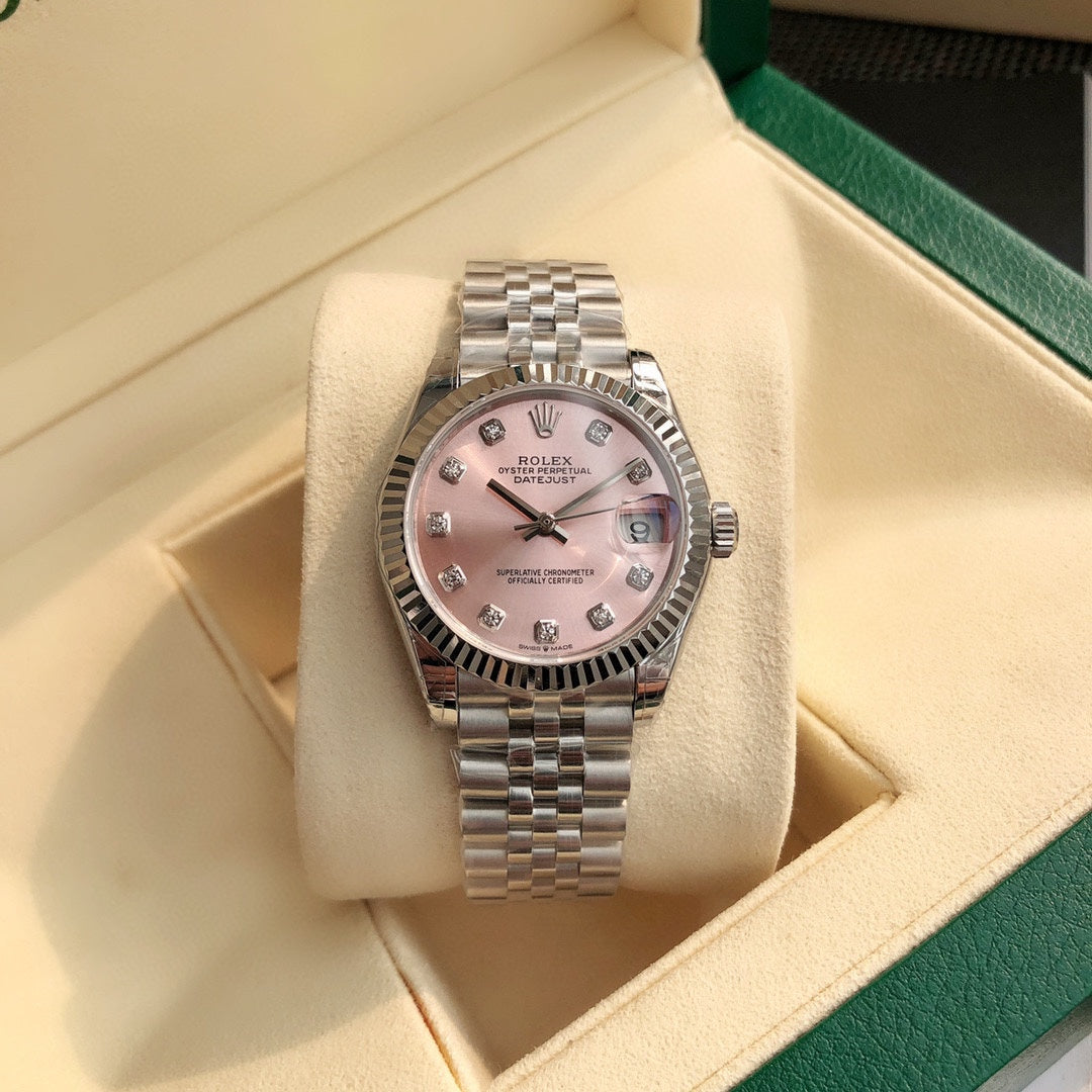 Reloj automático de lujo con esfera rosa